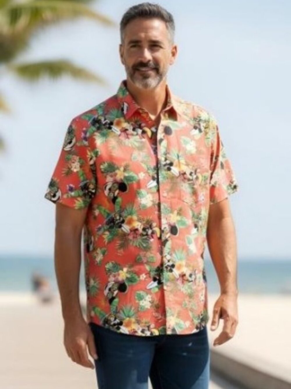 DISNEY Red Tropical MICKEY MOUSE Short Sleeved Shirt Mens MEDIUM